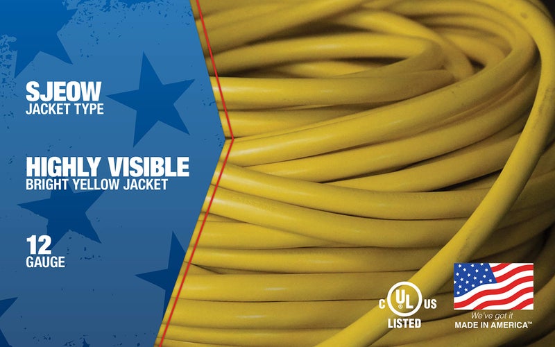 Southwire Polar Solar Heavy Duty Extension Cord, 100Ft, 12 Gauge, 3 Conductor, Outdoor Cord, Lighted End, SJEOOW, Yellow, 1689SW0002 - Image 4